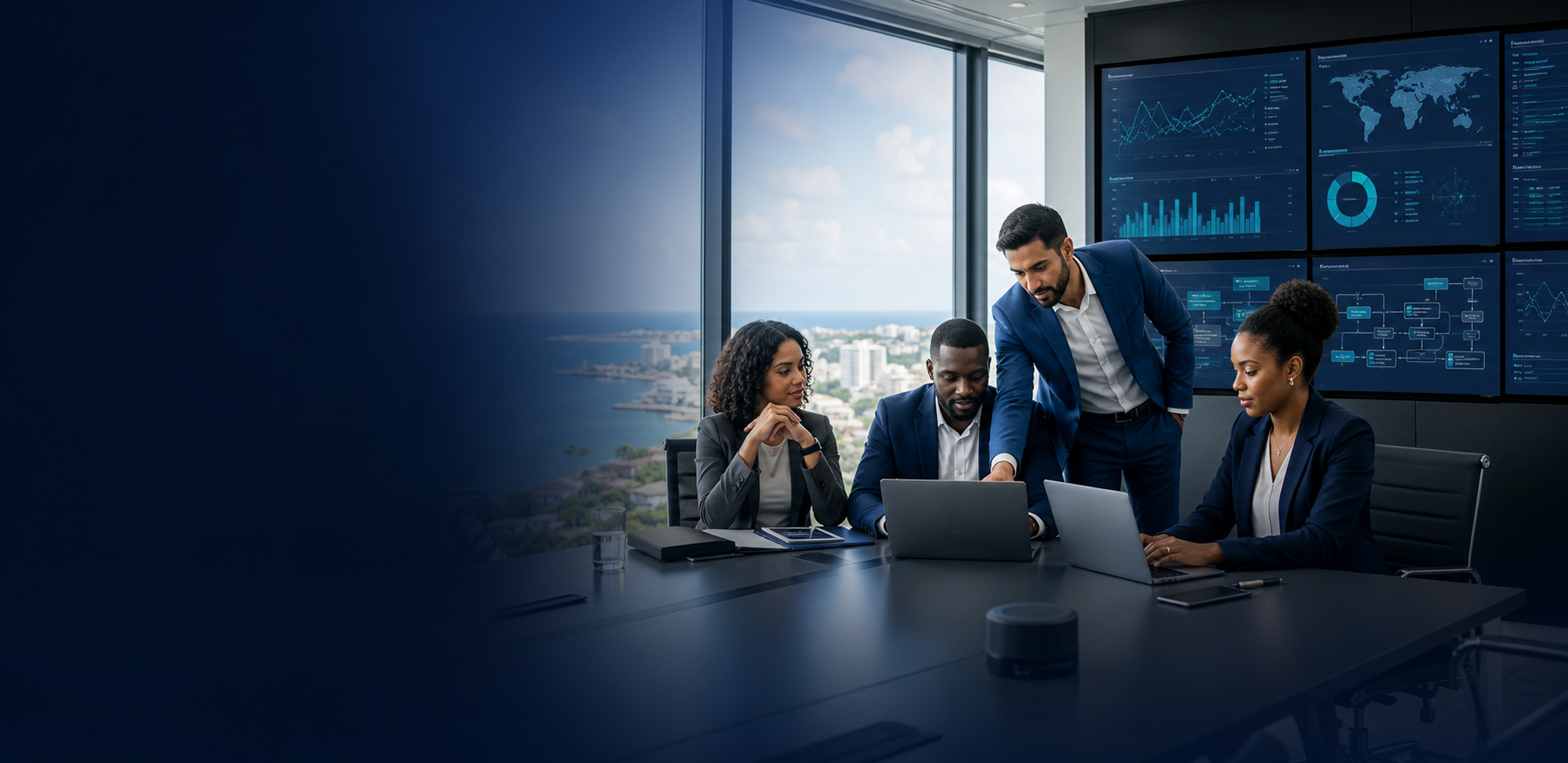 Professional consultants reviewing governance, risk, and technology dashboards in a modern office.