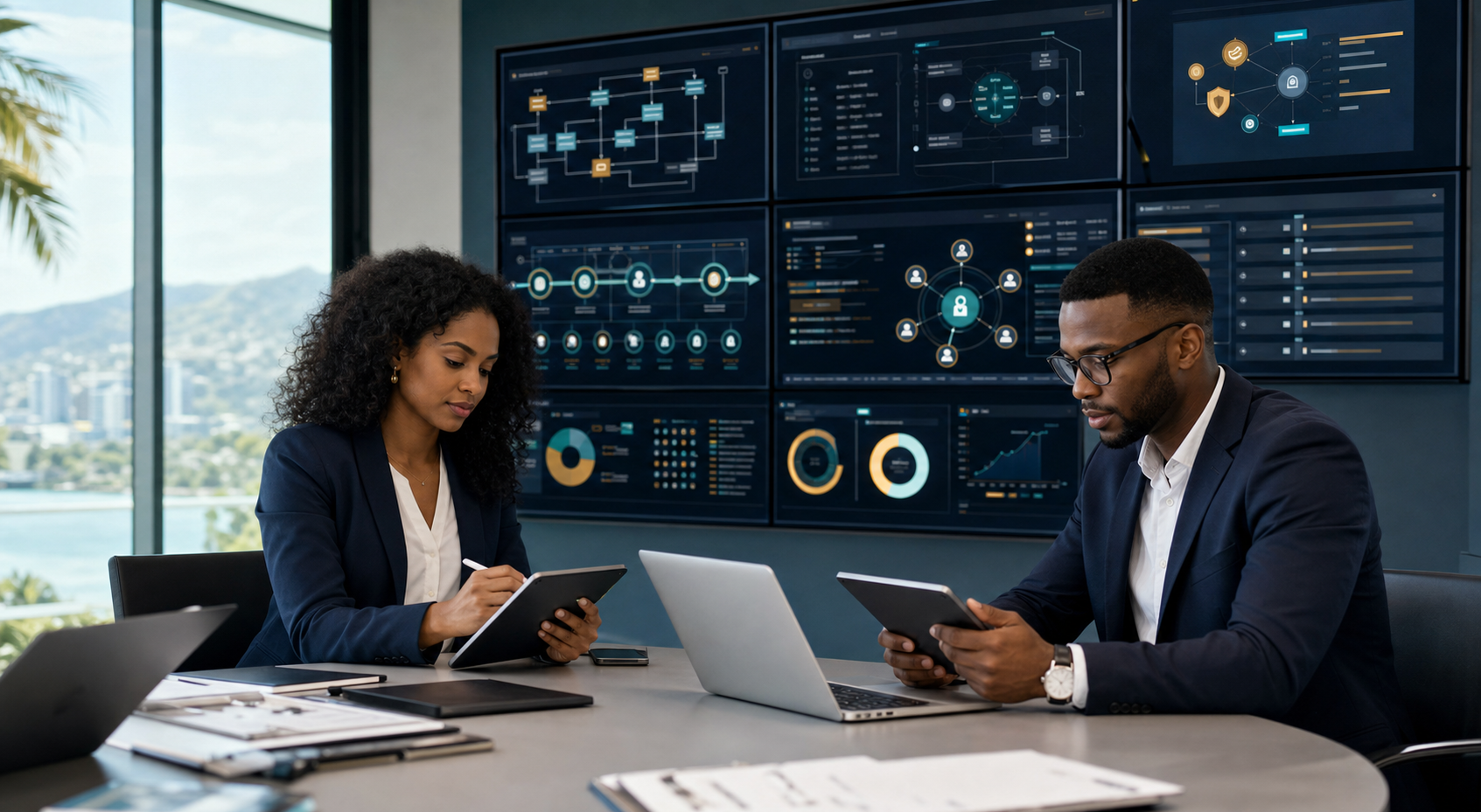 Consultants reviewing enterprise dashboards, controls, and identity access workflows.